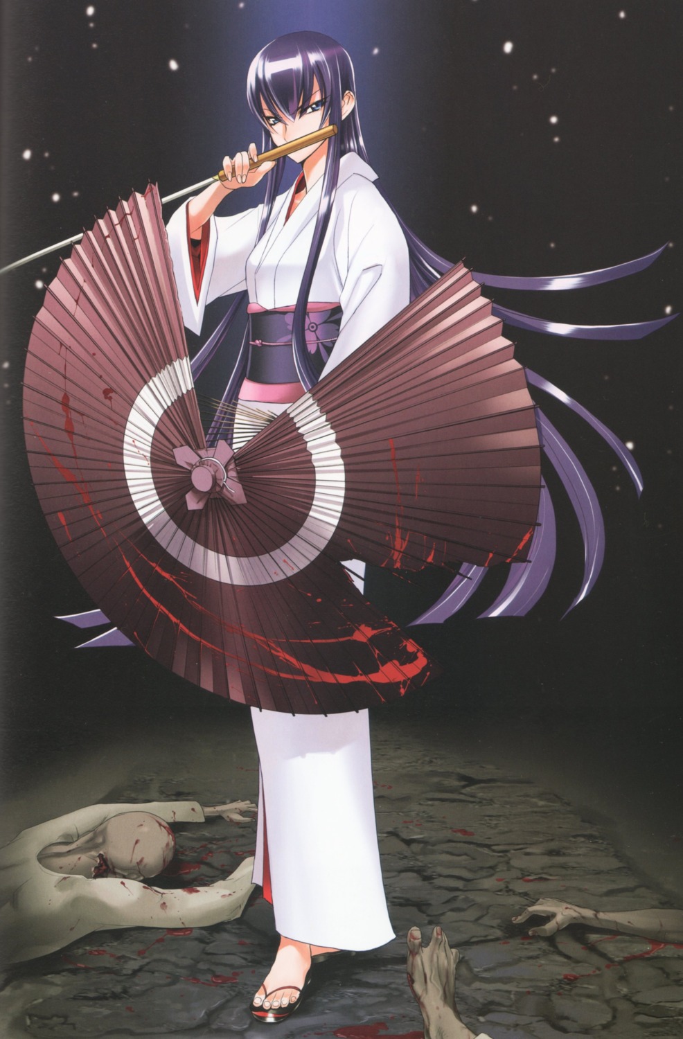 binding_discoloration blood busujima_saeko highschool_of_the_dead inazuma sword yukata