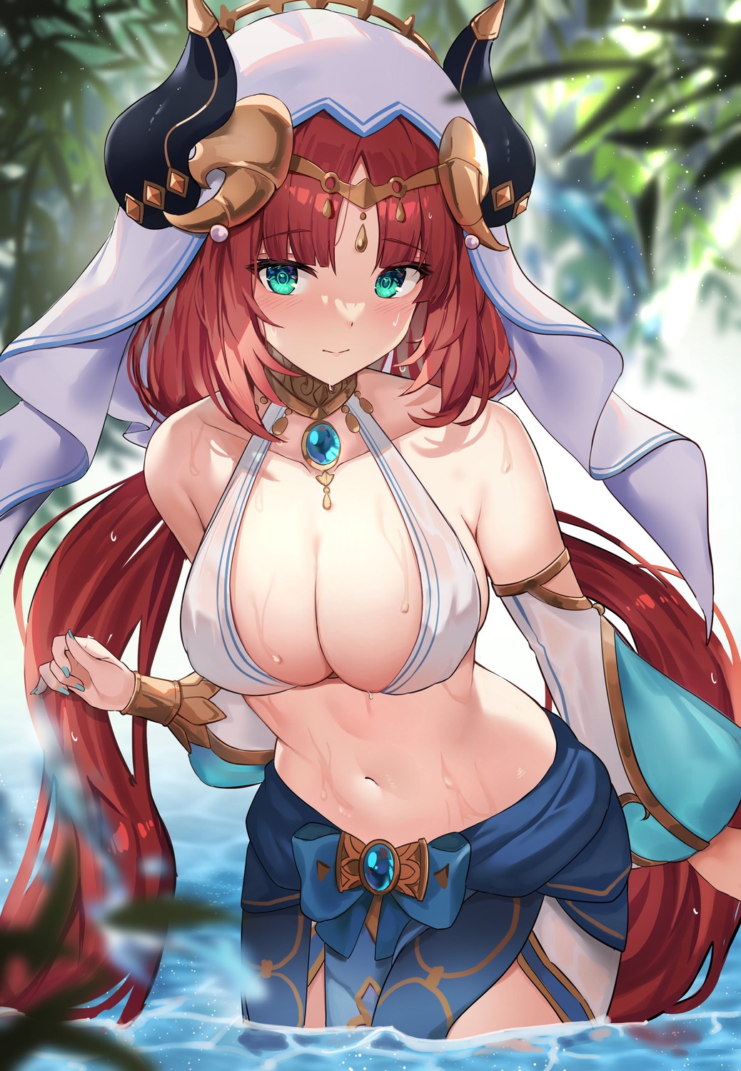 asian_clothes genshin_impact horns meow_nyang nilou no_bra see_through uncensored wet wet_clothes