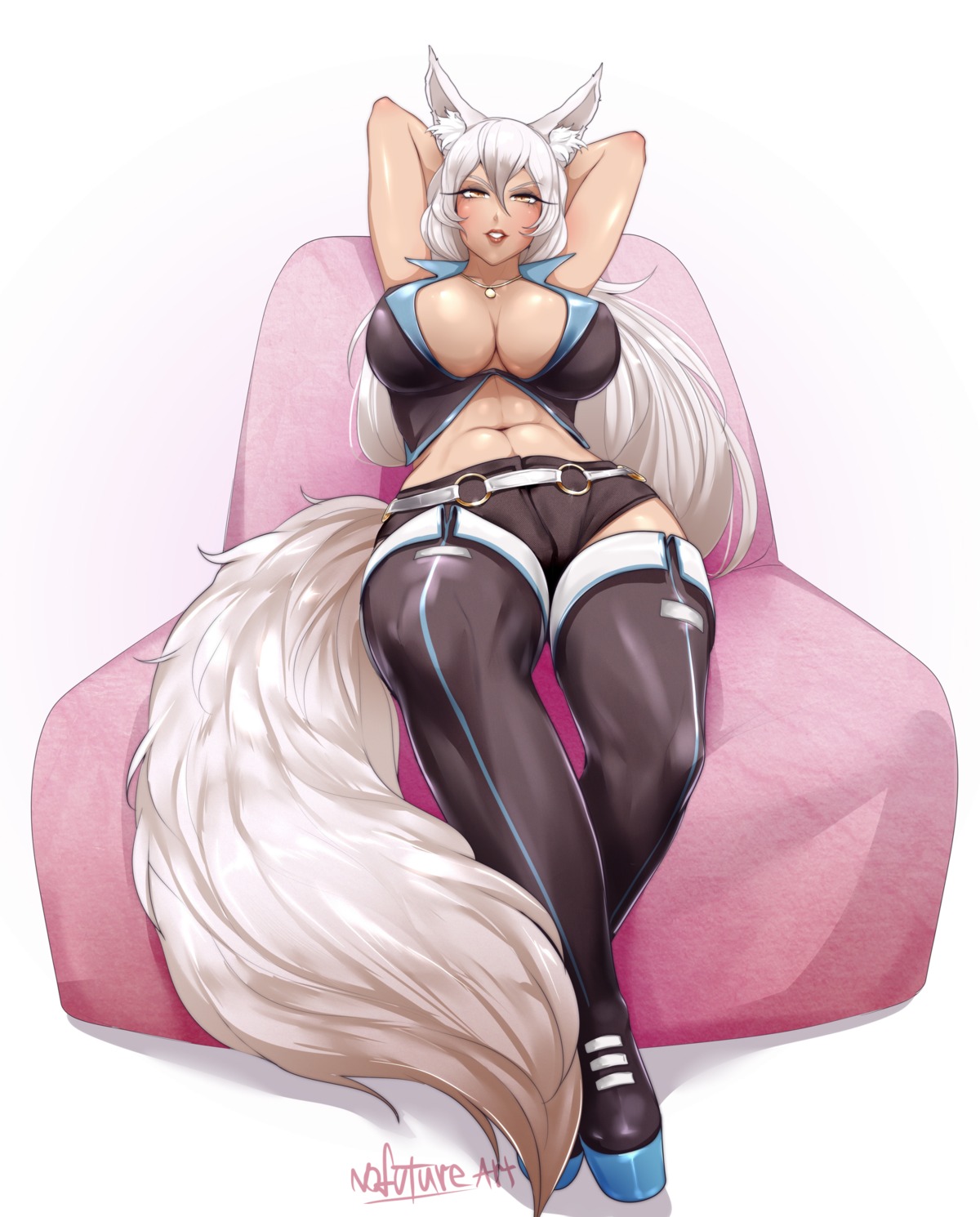 animal_ears kitsune no_bra nofuture open_shirt tail thighhighs