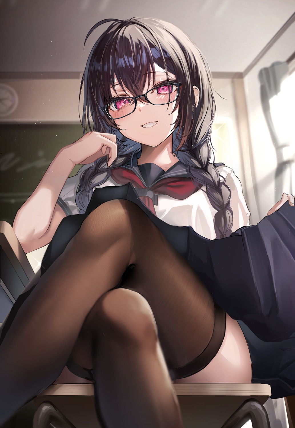 megane seifuku skirt_lift thighhighs yufou