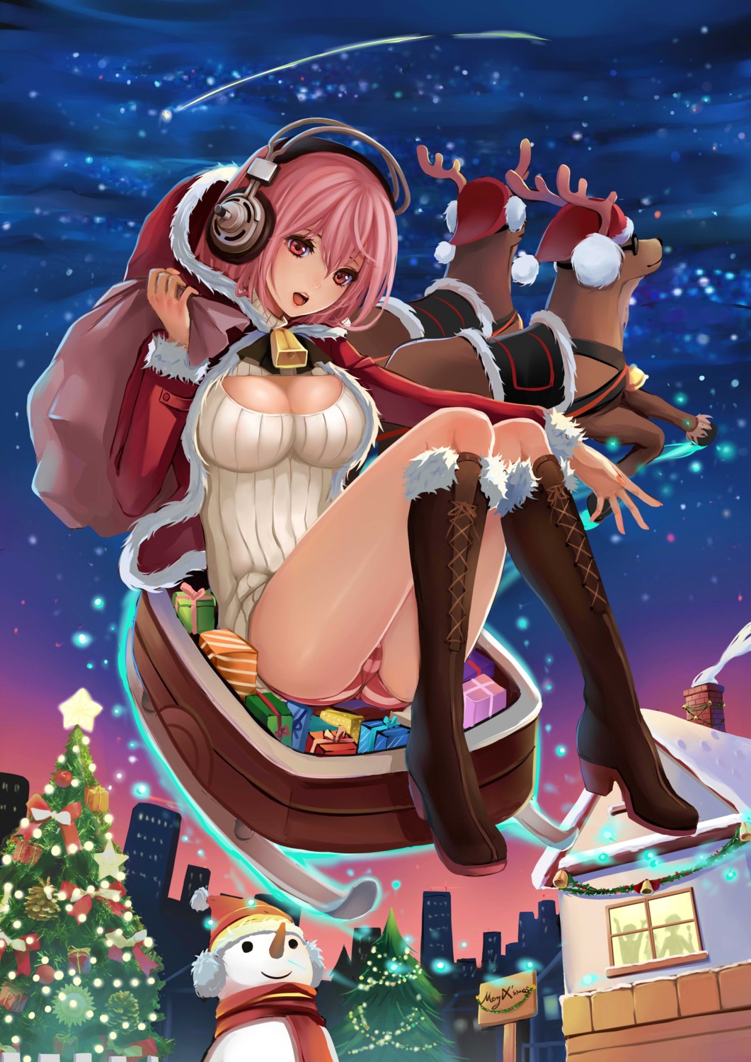 cameltoe christmas cleavage gyakushuu_no_hoshiumi headphones heels pantsu shimapan sonico super_sonico sweater