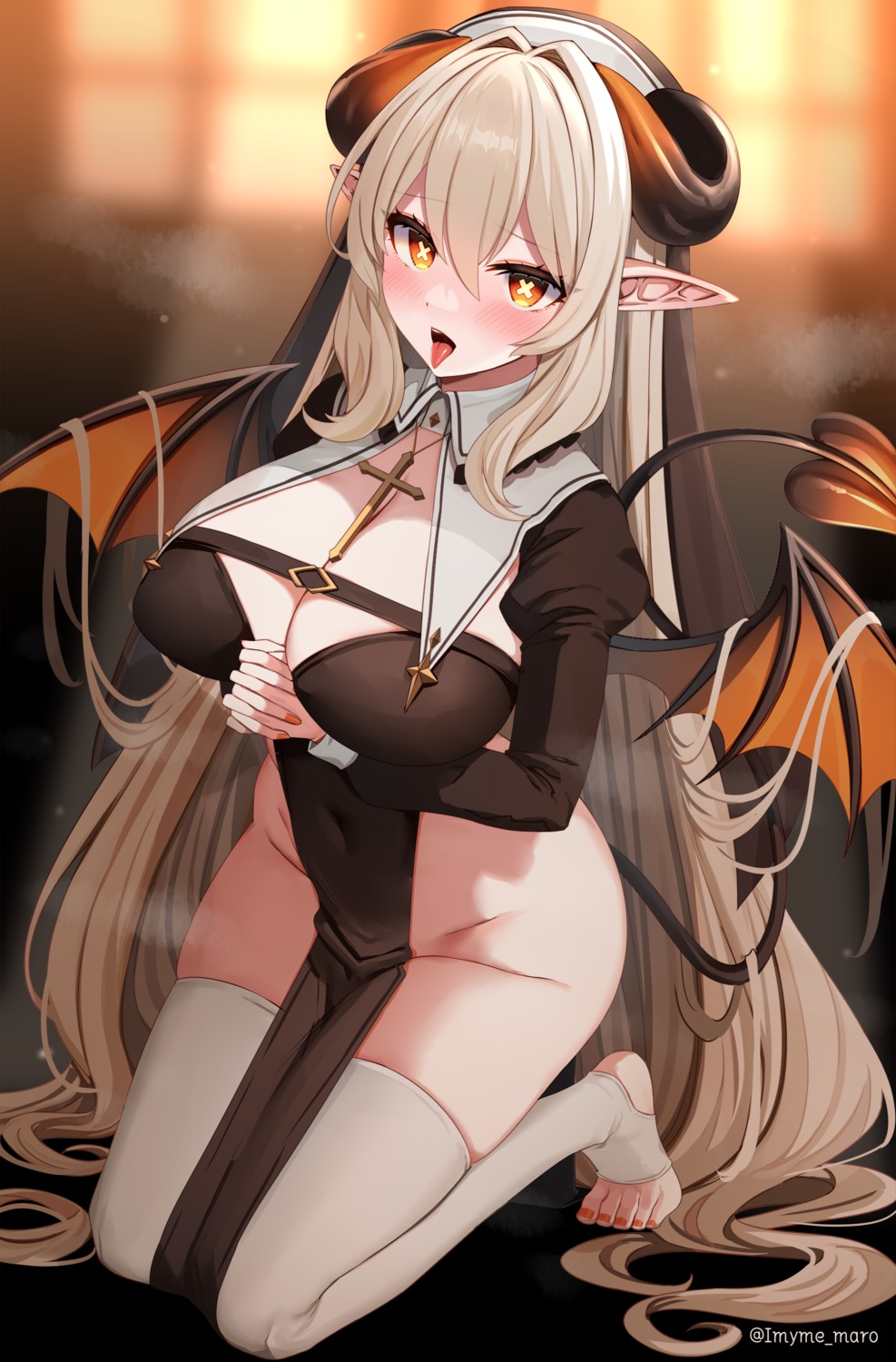 devil horns marota no_bra nopan nun pointy_ears thighhighs wings