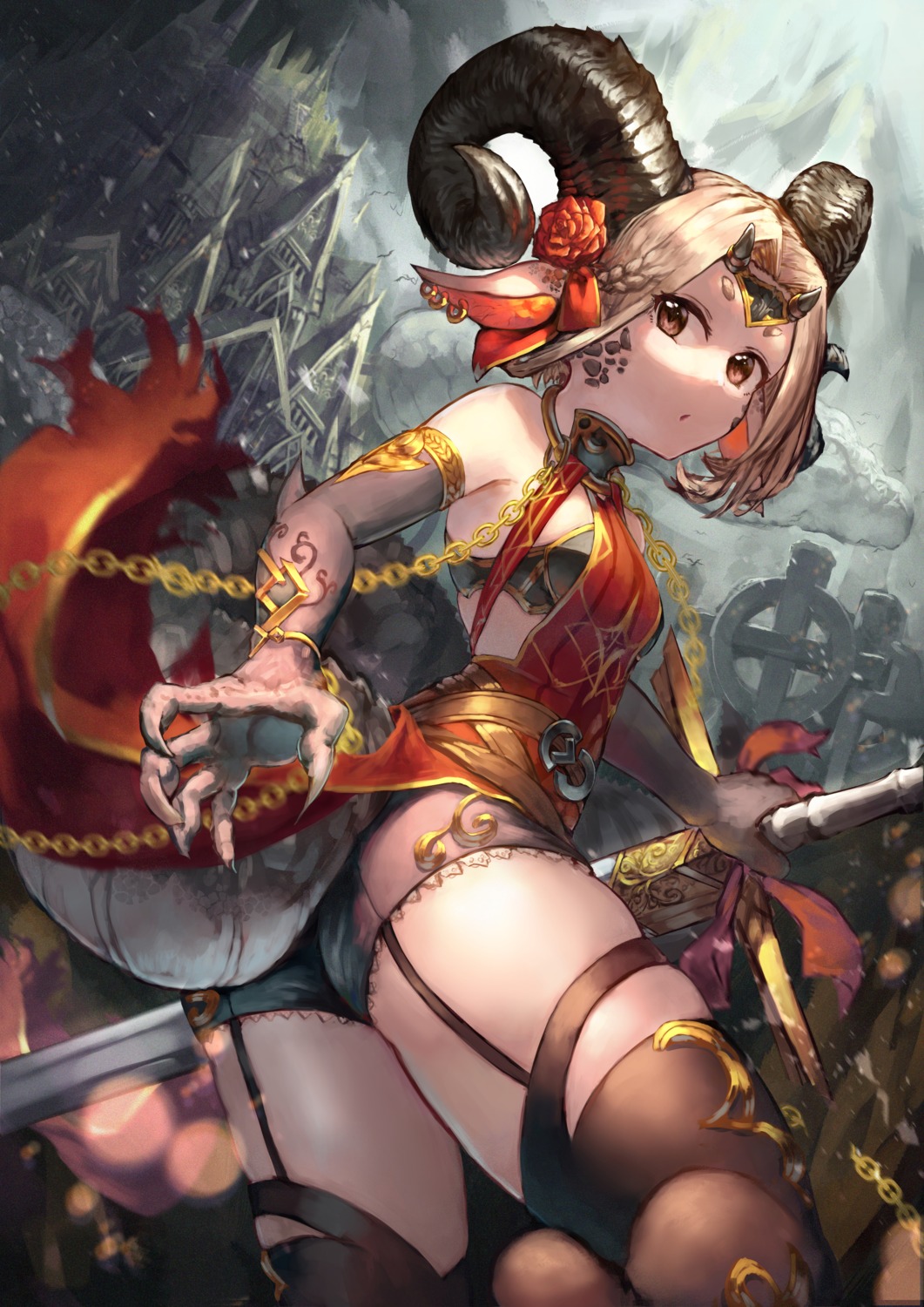 animal_ears ass bikini_armor garter horns monster_girl stockings sword tail thighhighs yuji