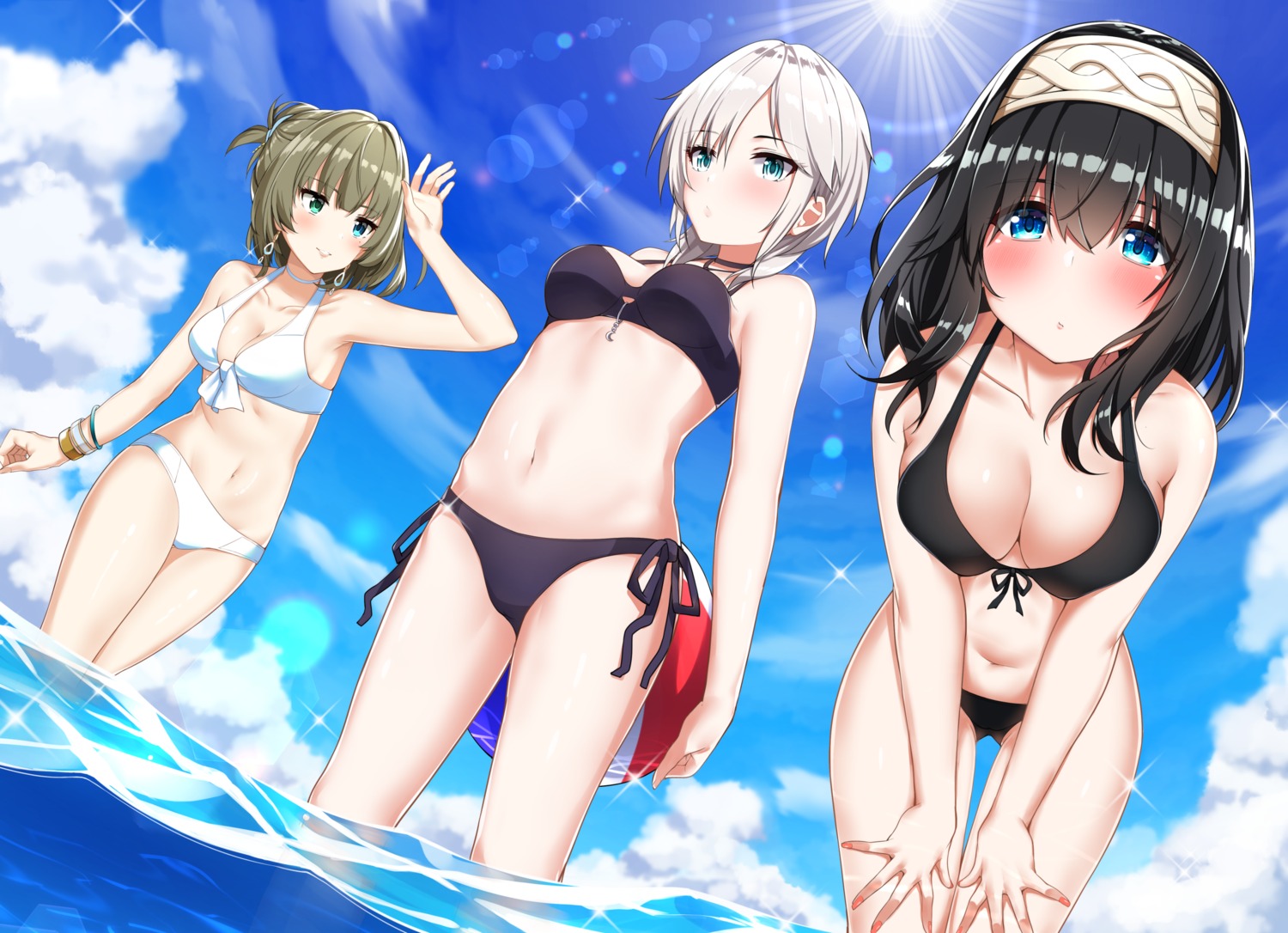 anastasia_(idolm@ster) bikini breast_hold cleavage go-1 heterochromia sagisawa_fumika swimsuits takagaki_kaede the_idolm@ster the_idolm@ster_cinderella_girls wet