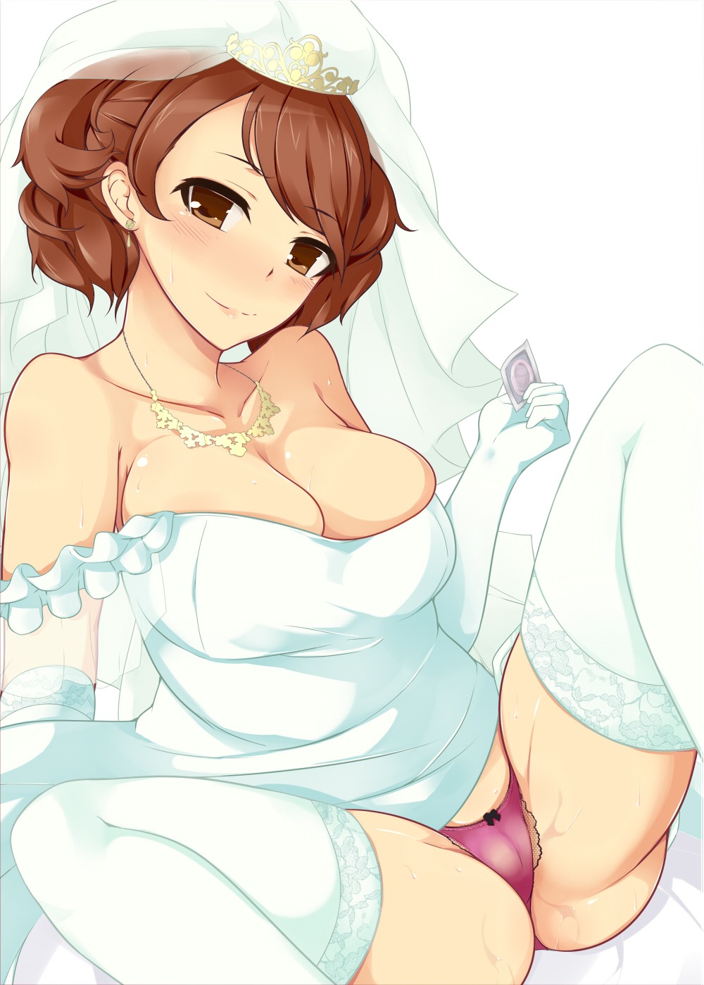 cameltoe cleavage dress houjou_karen imacchi pantsu the_idolm@ster the_idolm@ster_cinderella_girls thighhighs wedding_dress