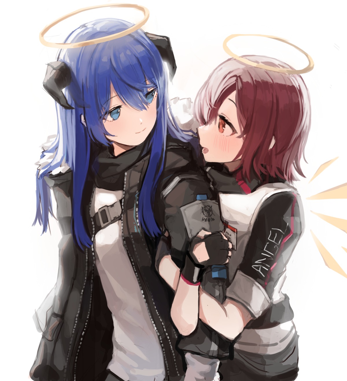 angel arknights exusiai_(arknights) horns mostima_(arknights) seorang wings yuri