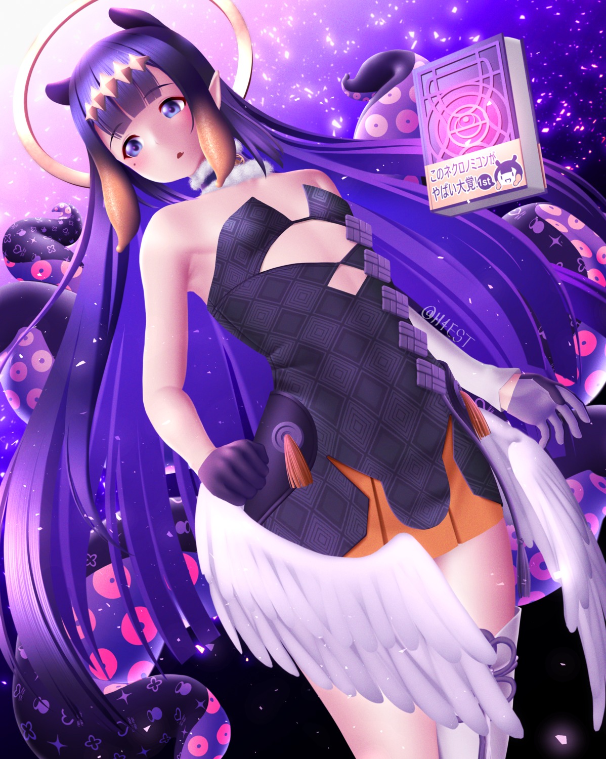 angel dress haest hololive hololive_english ninomae_ina'nis no_bra pointy_ears tentacles thighhighs wings