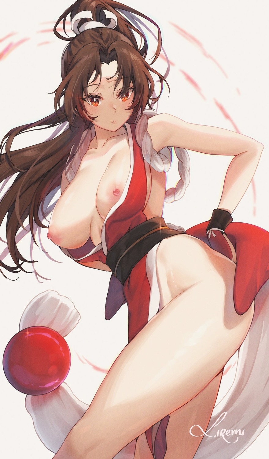 breasts japanese_clothes king_of_fighters liremi nipples no_bra nopan open_shirt shiranui_mai wardrobe_malfunction