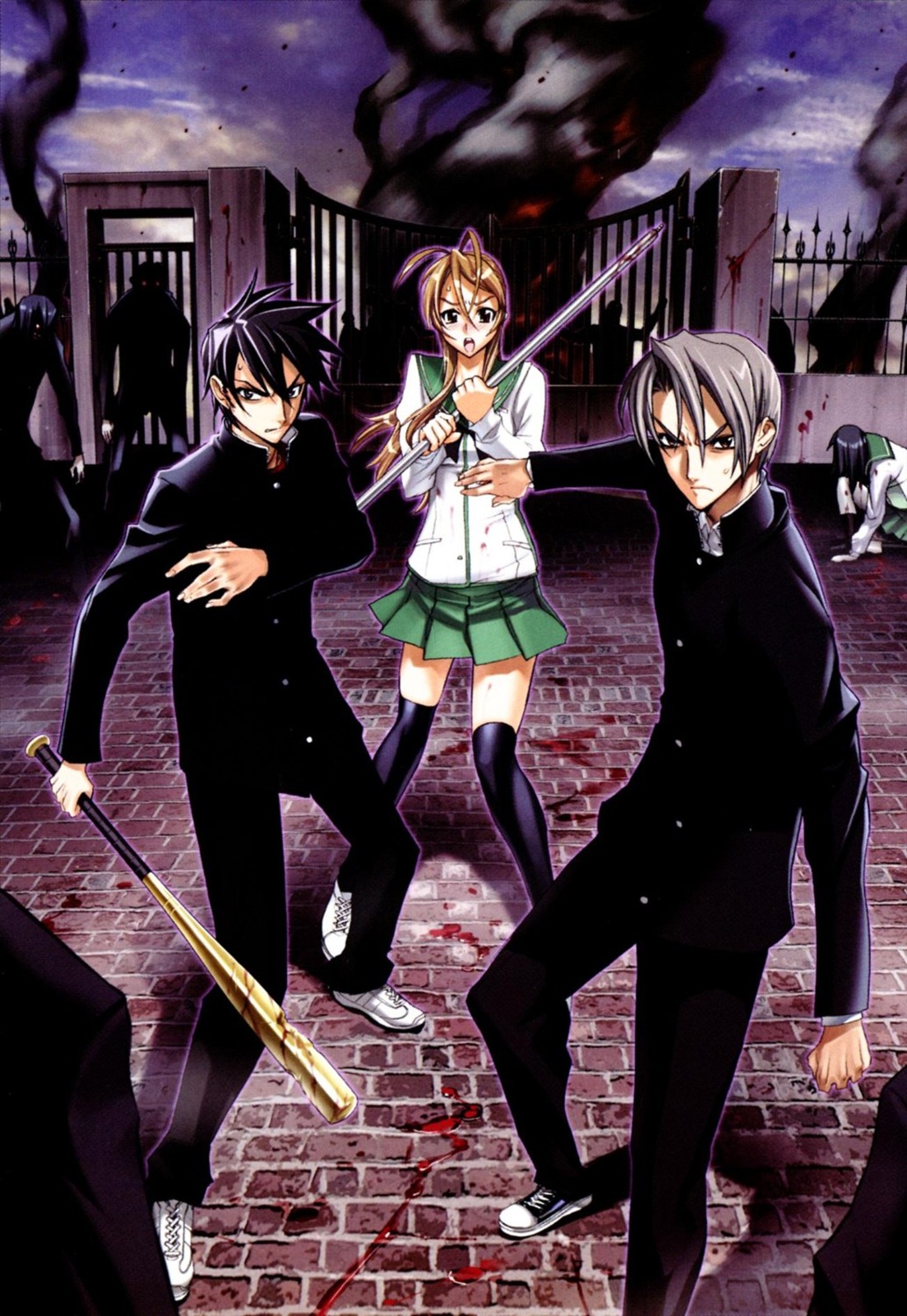 blood highschool_of_the_dead igou_hisashi inazuma komuro_takashi miyamoto_rei seifuku sword thighhighs