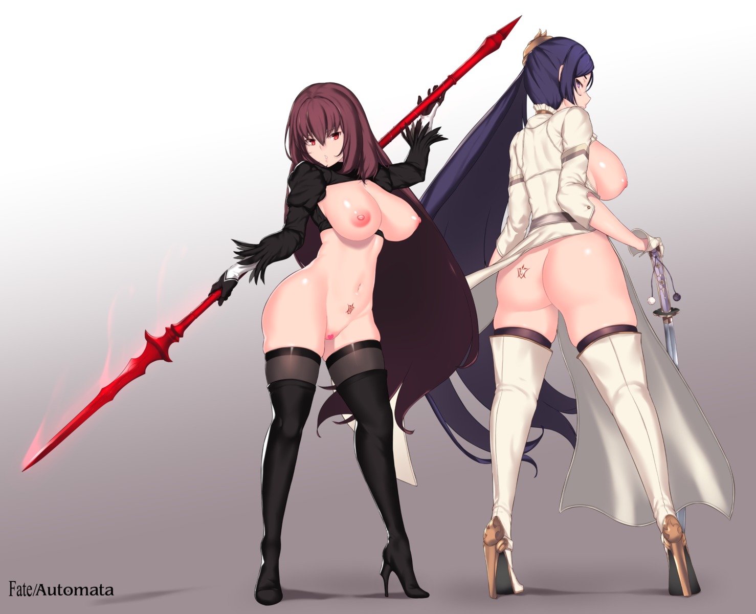 ass aster_crowley bottomless breasts cameltoe censored cosplay dress fate/grand_order heels minamoto_no_raikou_(fate/grand_order) nier nier_automata nipples no_bra nopan open_shirt pussy scathach_(fate/grand_order) skirt_lift sword tattoo thighhighs weapon yorha_no.2_type_b