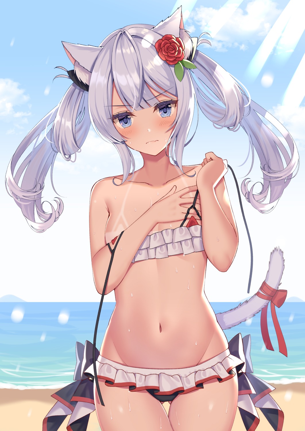 animal_ears azur_lane bikini breast_hold cleavage hammann_(azur_lane) izumo_neru nekomimi swimsuits tail tan_lines undressing wardrobe_malfunction wet