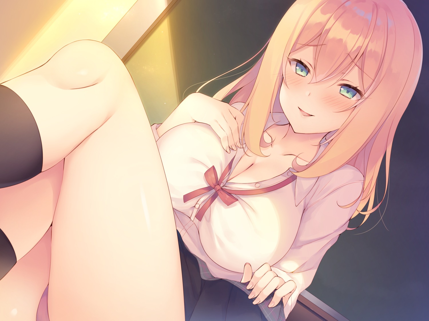 aotsu_karin cleavage open_shirt pantsu seifuku skirt_lift