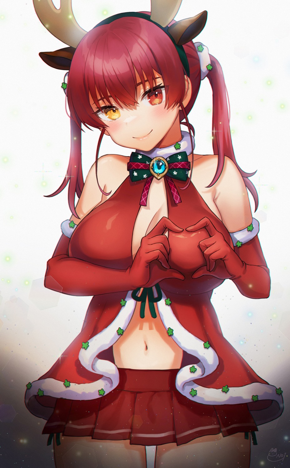 animal_ears breast_hold christmas cleavage heterochromia hololive horns houshou_marine no_bra noixen