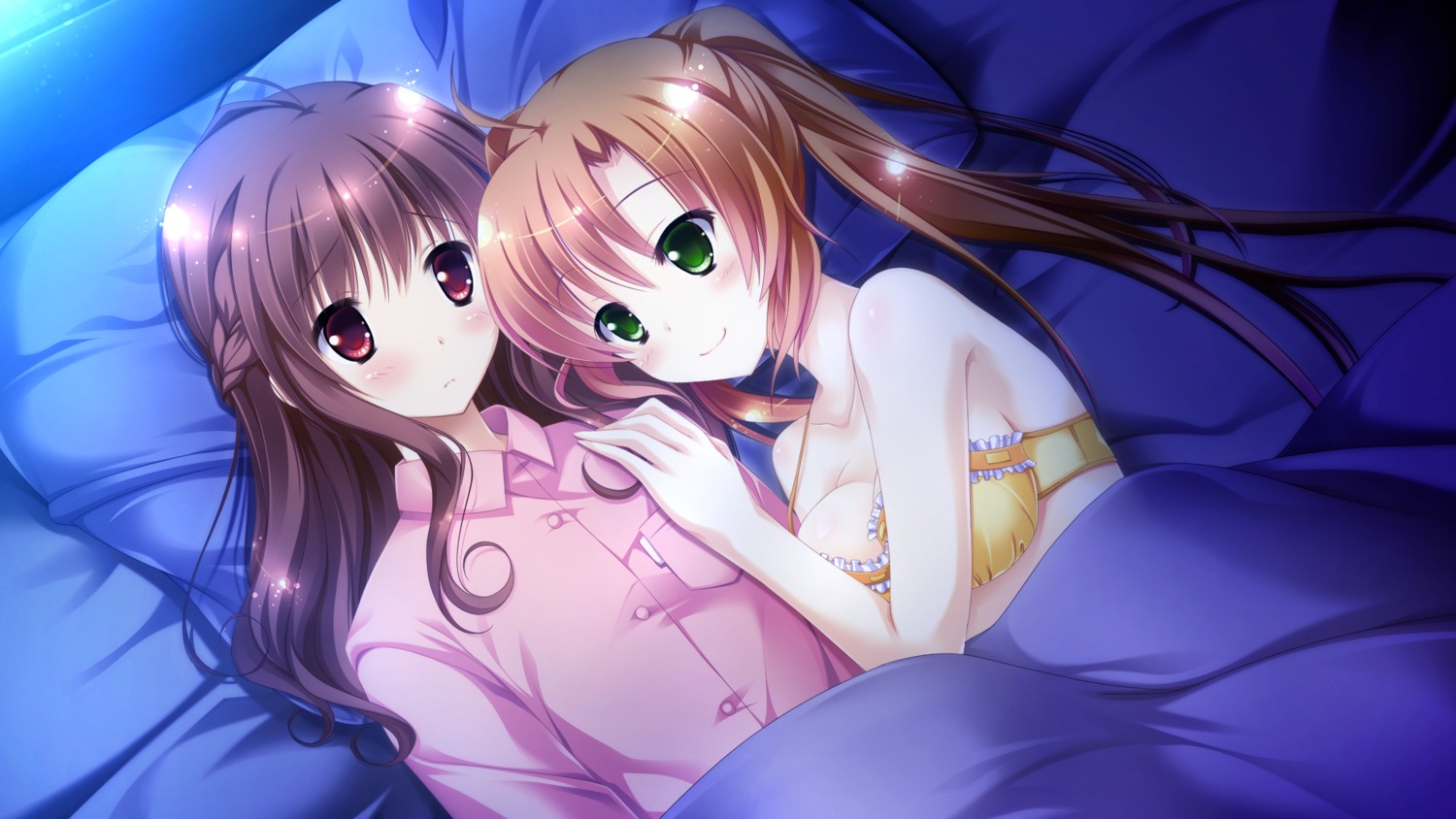 aragaki_wakana bra cleavage ensemble_(company) game_cg kaniya_shiku kimishima_ao mahara_aoi pajama sakura_mau_otome_no_rondo sheets trap