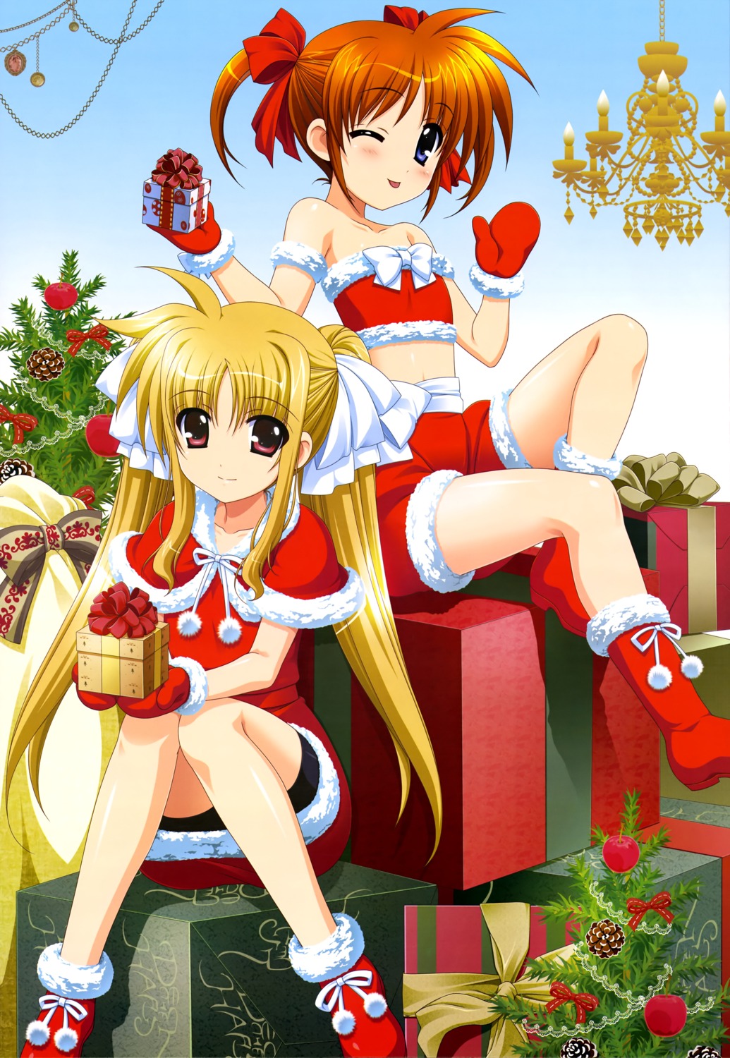 bike_shorts christmas dress fate_testarossa higa_yukari mahou_shoujo_lyrical_nanoha takamachi_nanoha