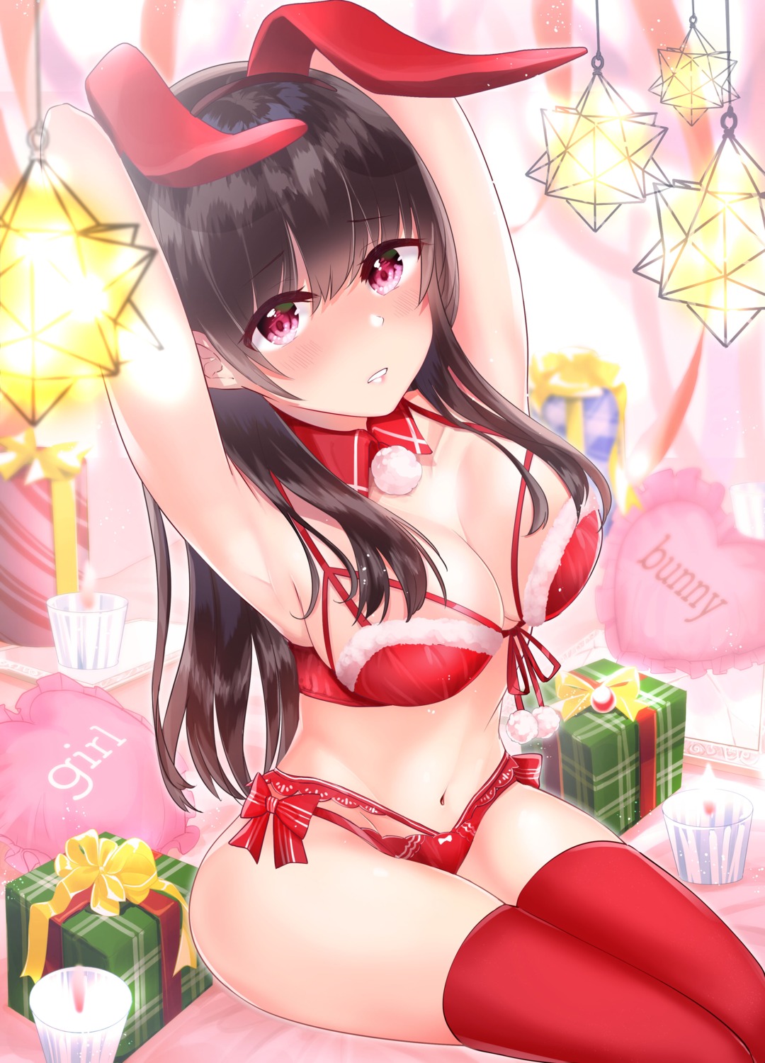 amaimomo animal_ears bikini bunny_ears christmas swimsuits thighhighs