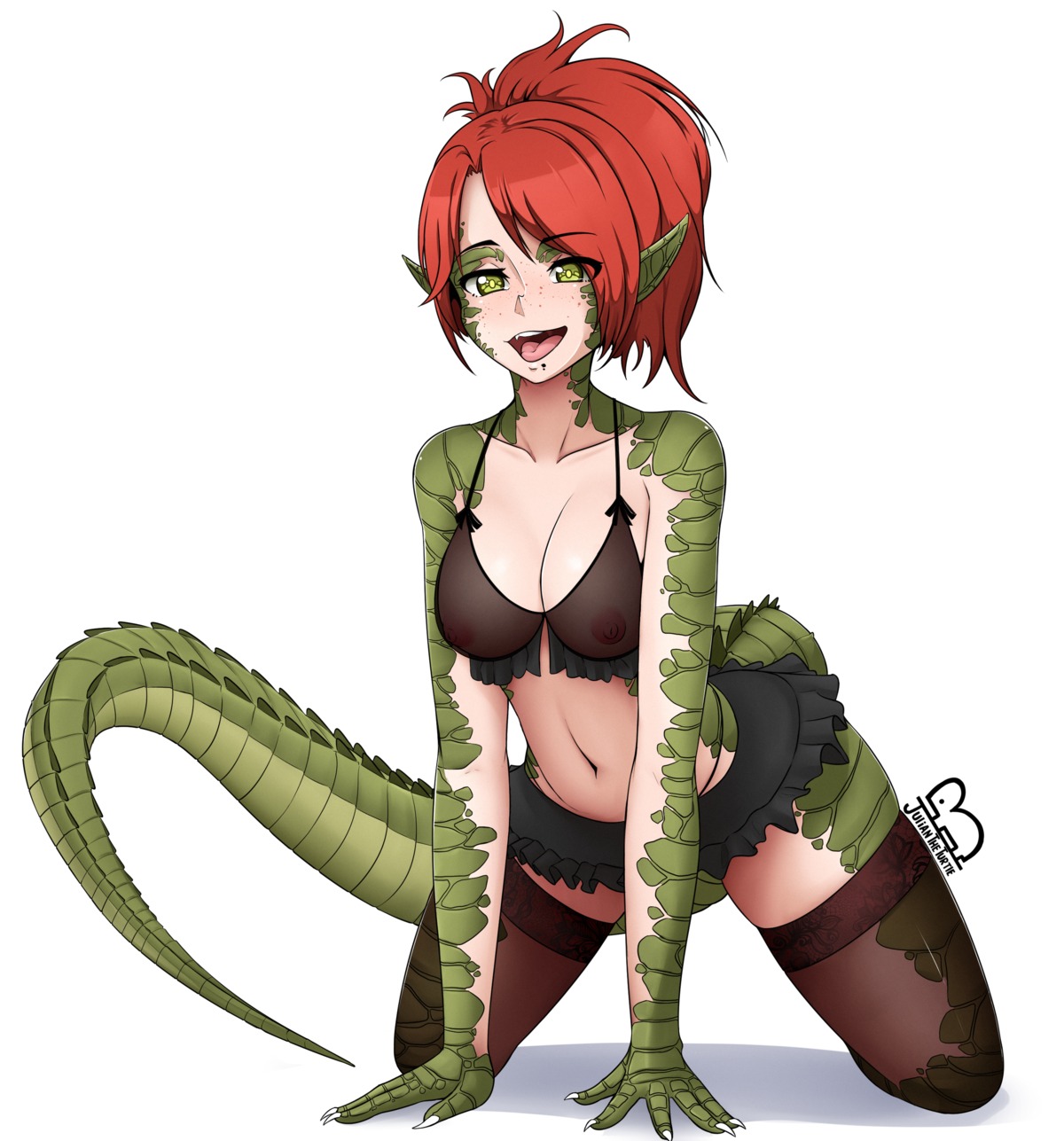 bra juliantheturtle lingerie monster_girl nipples pointy_ears see_through tail thighhighs