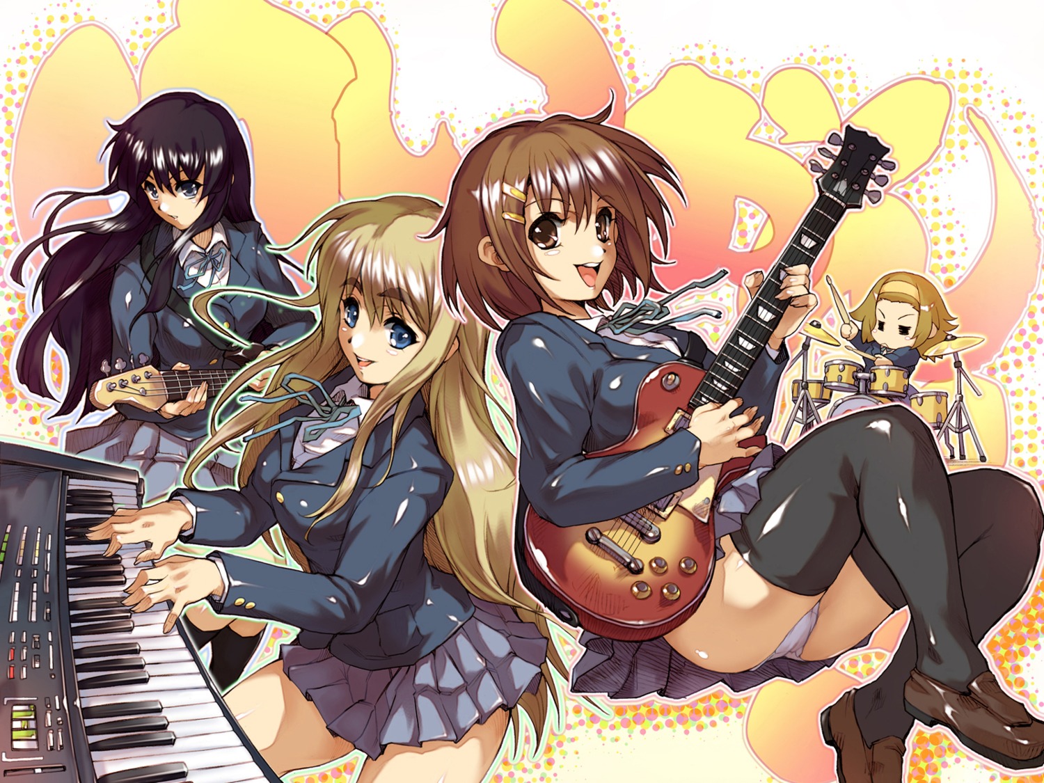 akiyama_mio guitar hirasawa_yui hisahiko k-on! kotobuki_tsumugi pantsu seifuku tainaka_ritsu thighhighs wallpaper