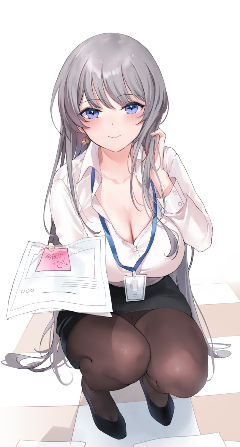 cleavage dress_shirt emyo open_shirt pantyhose skirt_lift