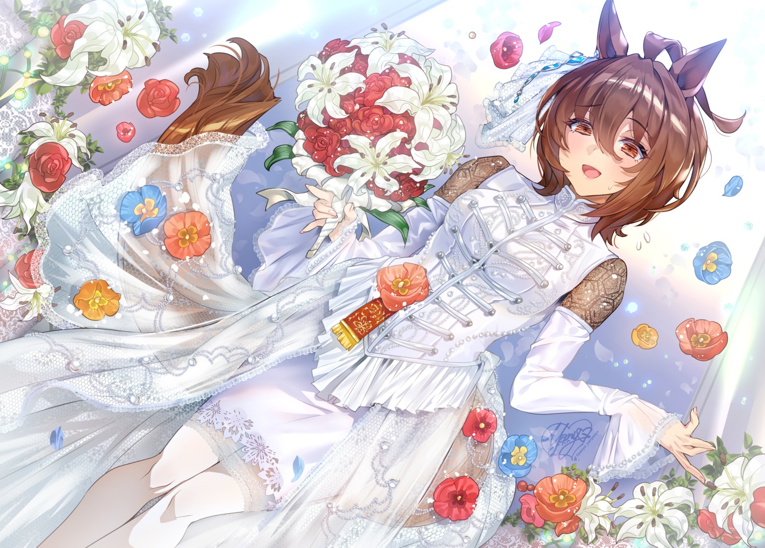 agnes_tachyon_(umamusume) animal_ears dress see_through skirt_lift tail thighhighs uma_musume_pretty_derby wedding_dress yanyo_(ogino_atsuki)