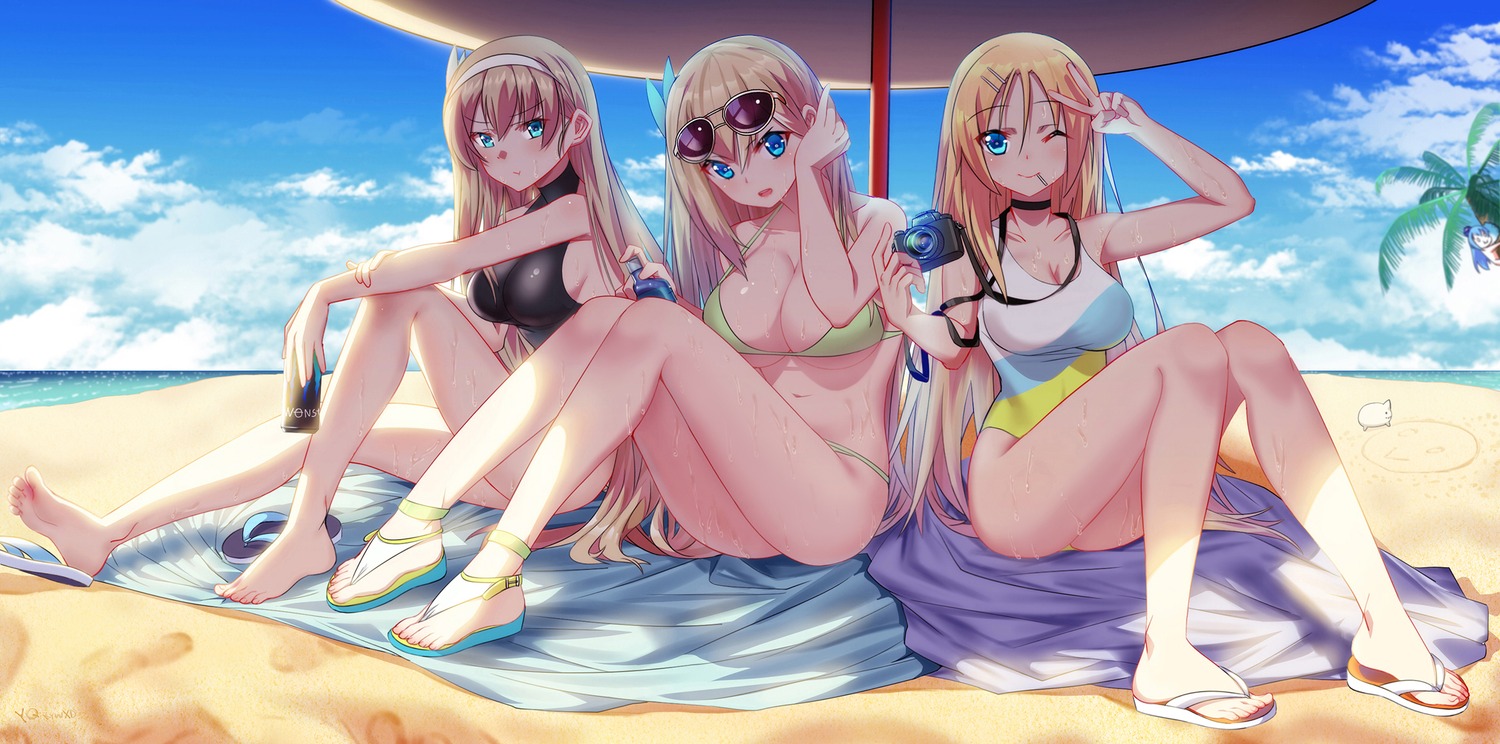 artist_revision bikini cang_se_ye_hua cleavage feet lexington_(zhanjianshaonv) megane quincy_(zhanjianshaonv) saratoga_(zhanjianshaonv) swimsuits wet zhanjianshaonv