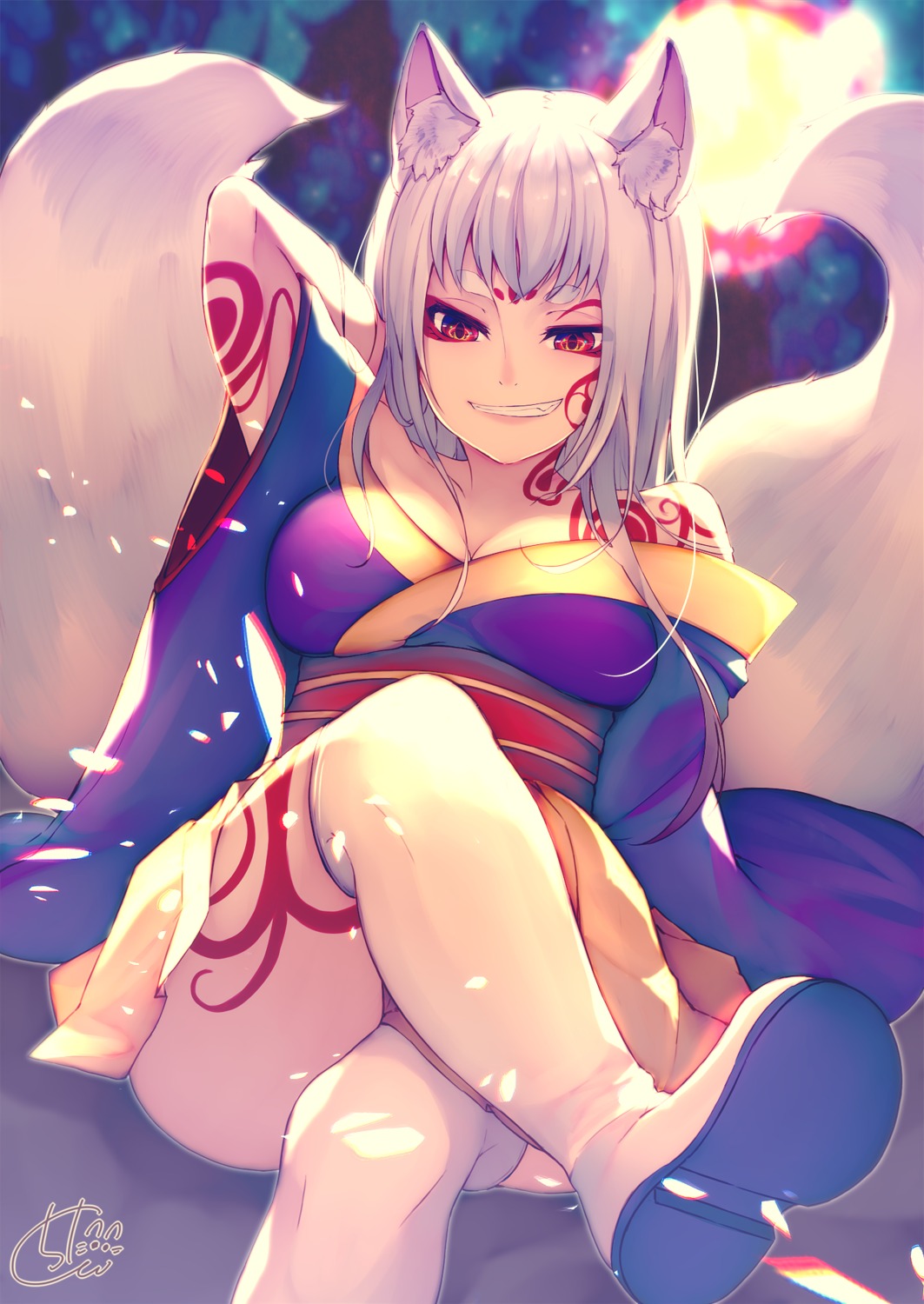 animal_ears chita_(ketchup) cleavage japanese_clothes kitsune tail tattoo thighhighs