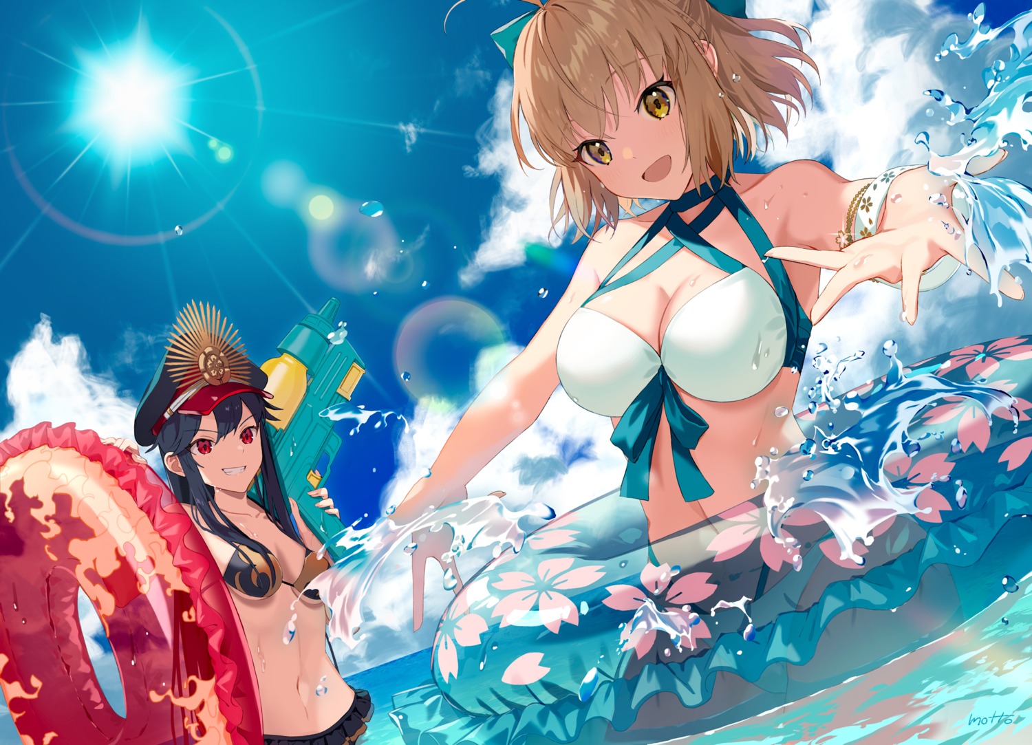 bikini cleavage fate/grand_order gun mocha_(mokaapolka) oda_nobunaga_(fate) okita_souji_(fate) swimsuits underboob wet