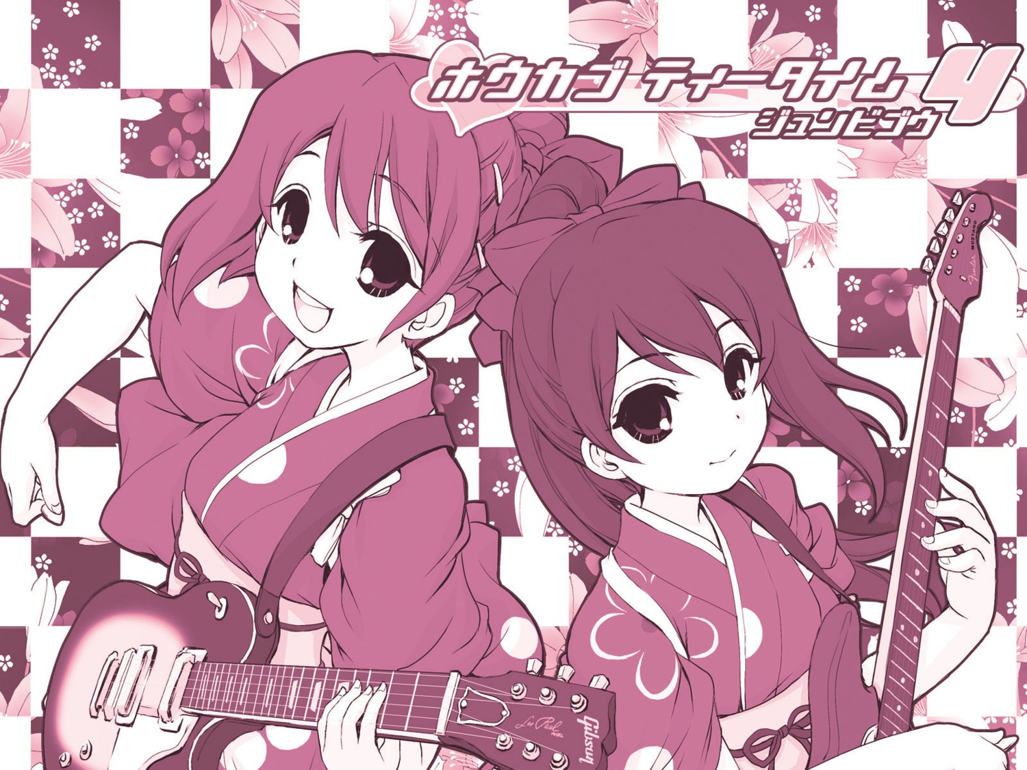 fujieda_miyabi guitar hirasawa_yui k-on! monochrome nakano_azusa wallpaper yukata