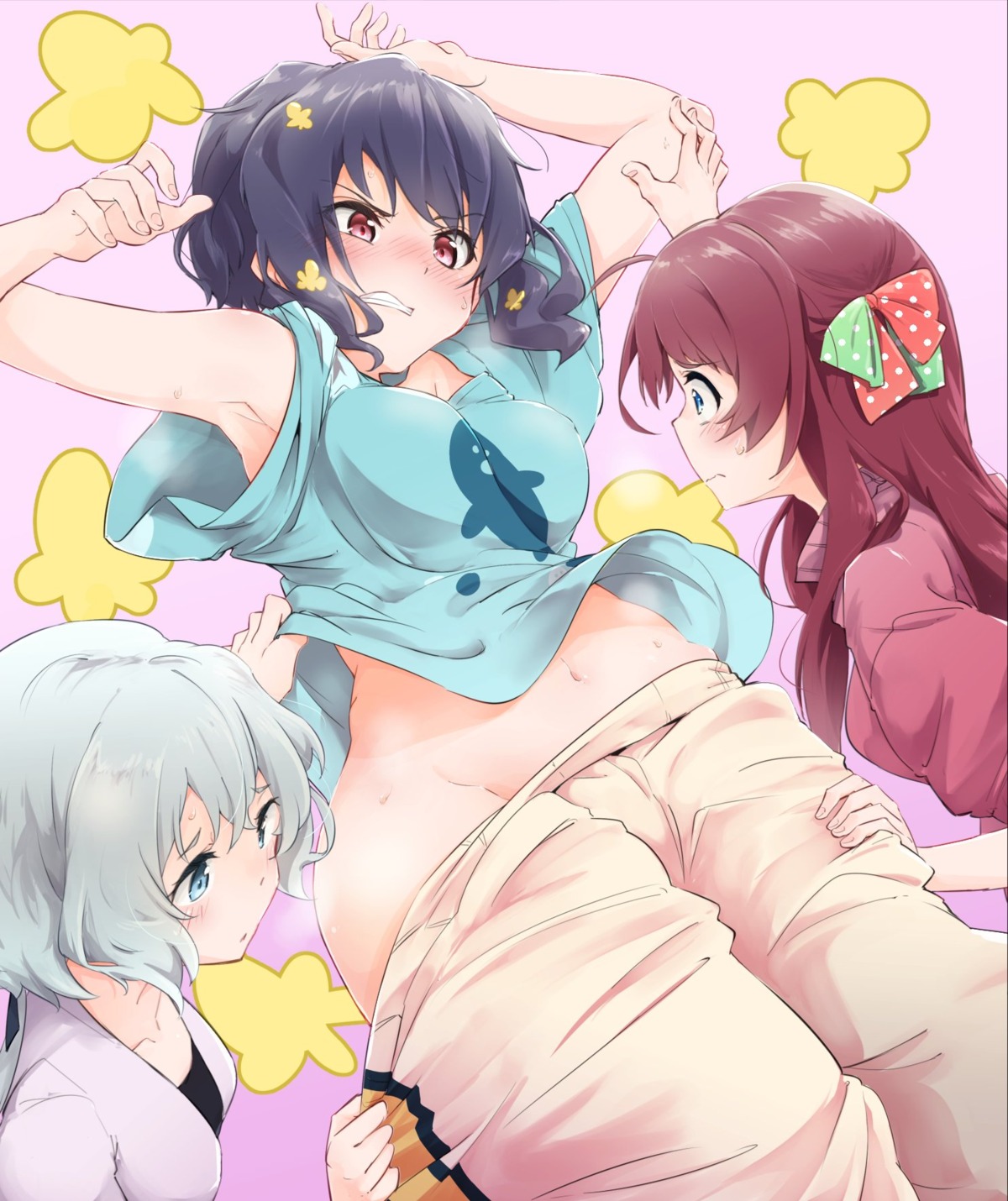 araco konno_junko minamoto_sakura mizuno_ai nopan shirt_lift undressing yuri zombieland_saga