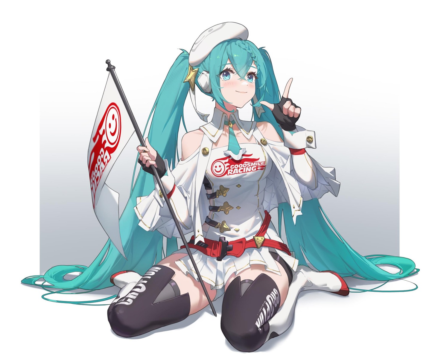 goodsmile_racing hatsune_miku headphones meinoss racing_miku thighhighs vocaloid