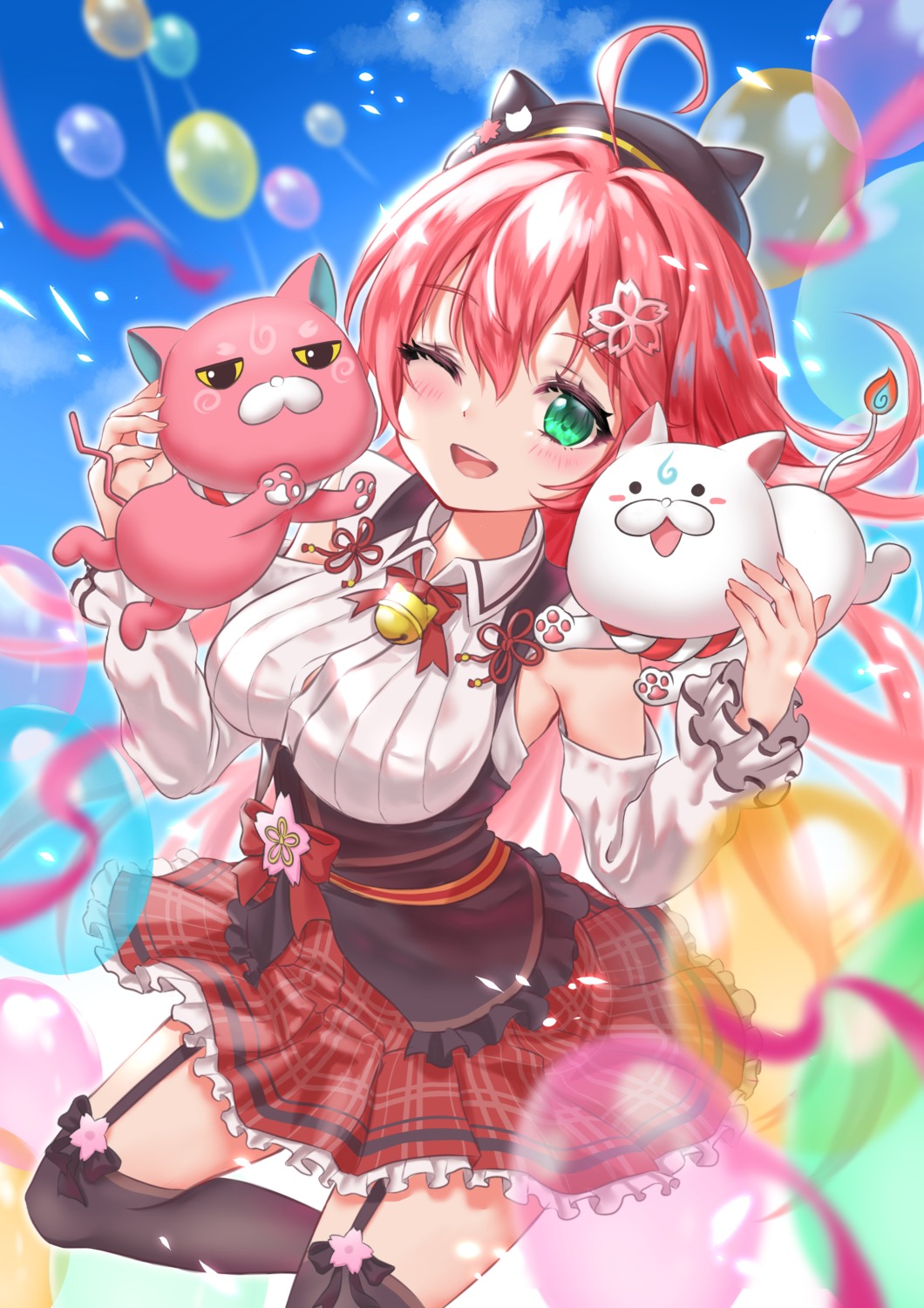 animal_ears genjitsu_pirika hololive neko sakura_miko skirt_lift stockings thighhighs