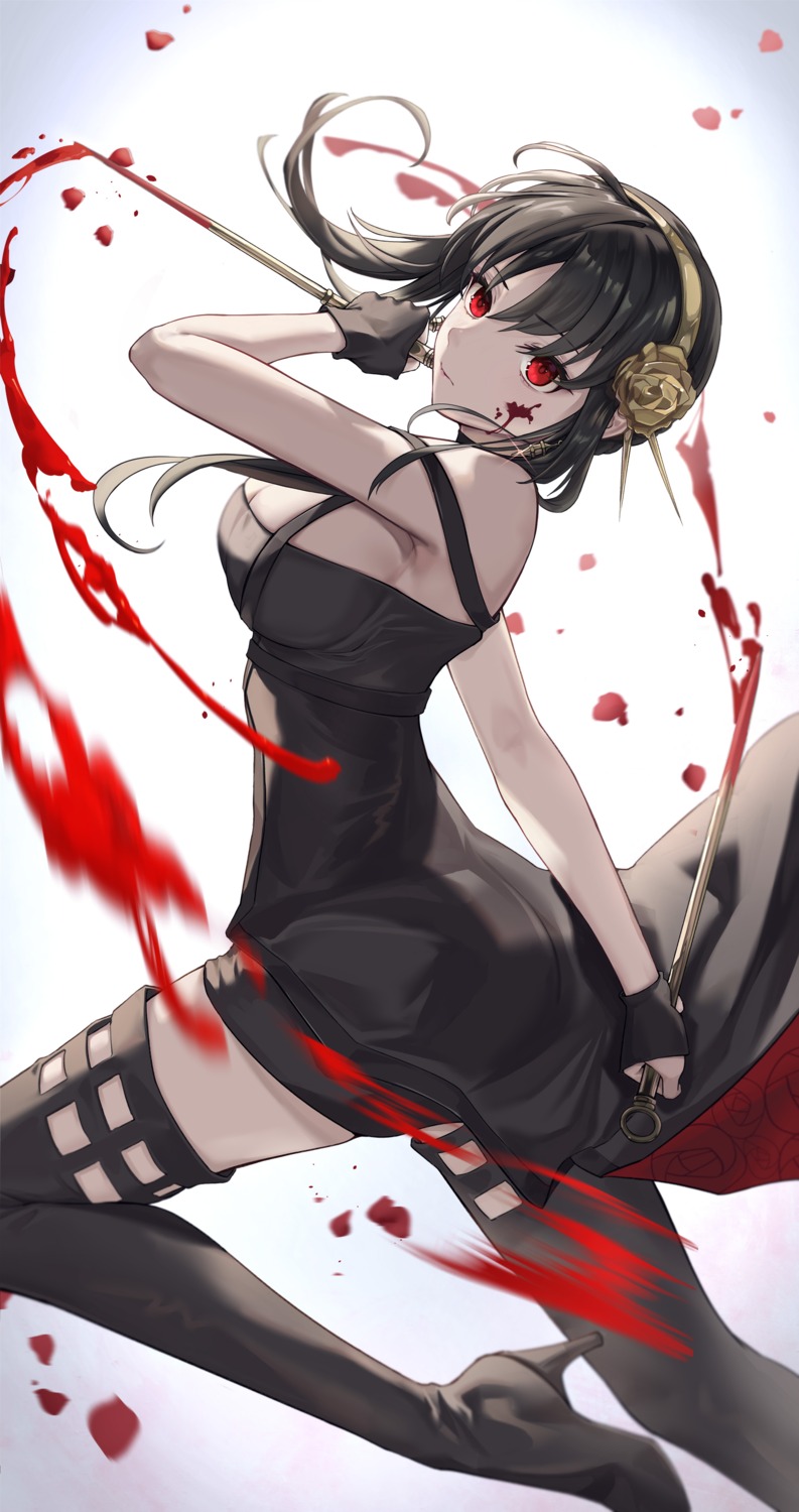 artist_revision ass blood dress heels no_bra spy_x_family thighhighs tooku0 weapon yor_briar