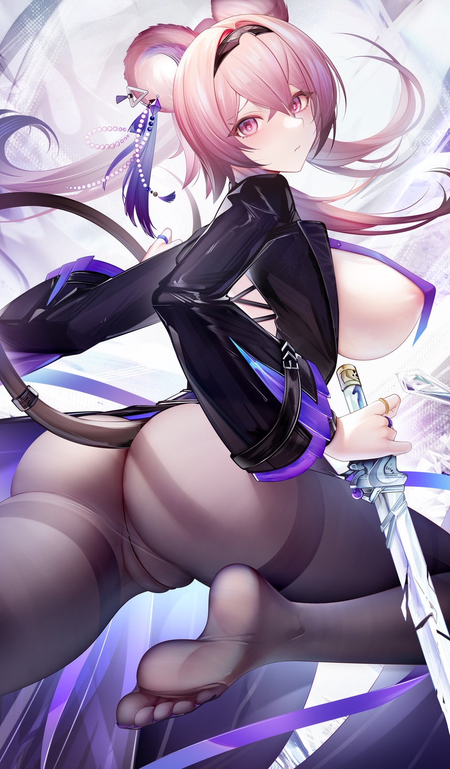 animal_ears areola arknights ass erect_nipples feet lin_yuhsia_(arknights) no_bra nopan pantyhose pussy see_through sword tail uncensored zhixue