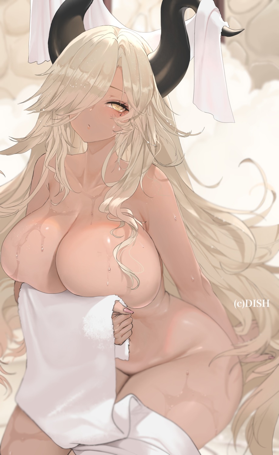 azur_lane breast_hold dishwasher1910 horns naked owari_(azur_lane) towel wet