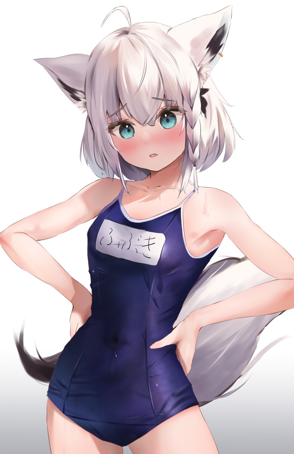 animal_ears hololive hololive_gamers kitsune school_swimsuit shirakami_fubuki swimsuits tail uechin_ewokaku