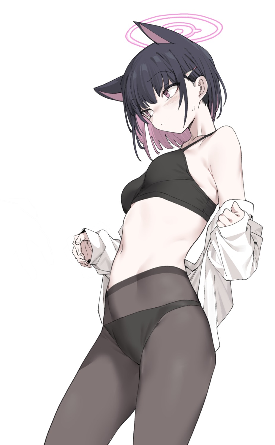 animal_ears blue_archive bra dress_shirt halo kyouyama_kazusa nekomimi open_shirt pantsu pantyhose urec