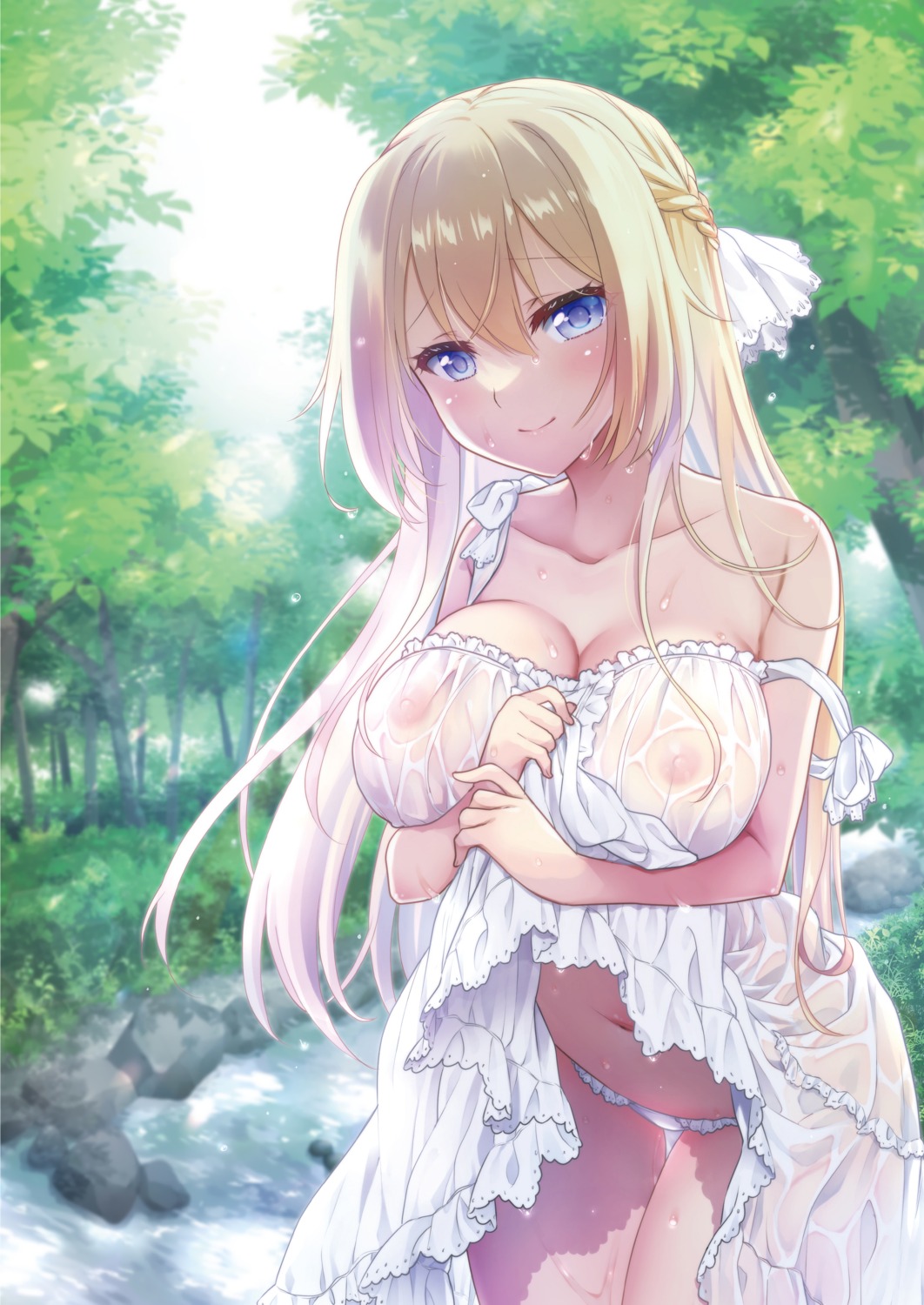 dress mori_marimo nipples no_bra pantsu see_through skirt_lift summer_dress wet wet_clothes