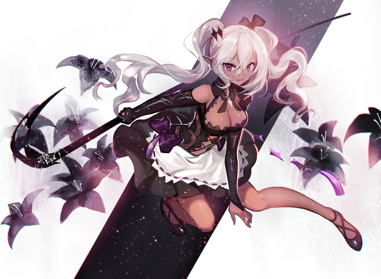 cleavage heels juexing_(moemoe3345) maid pointy_ears weapon