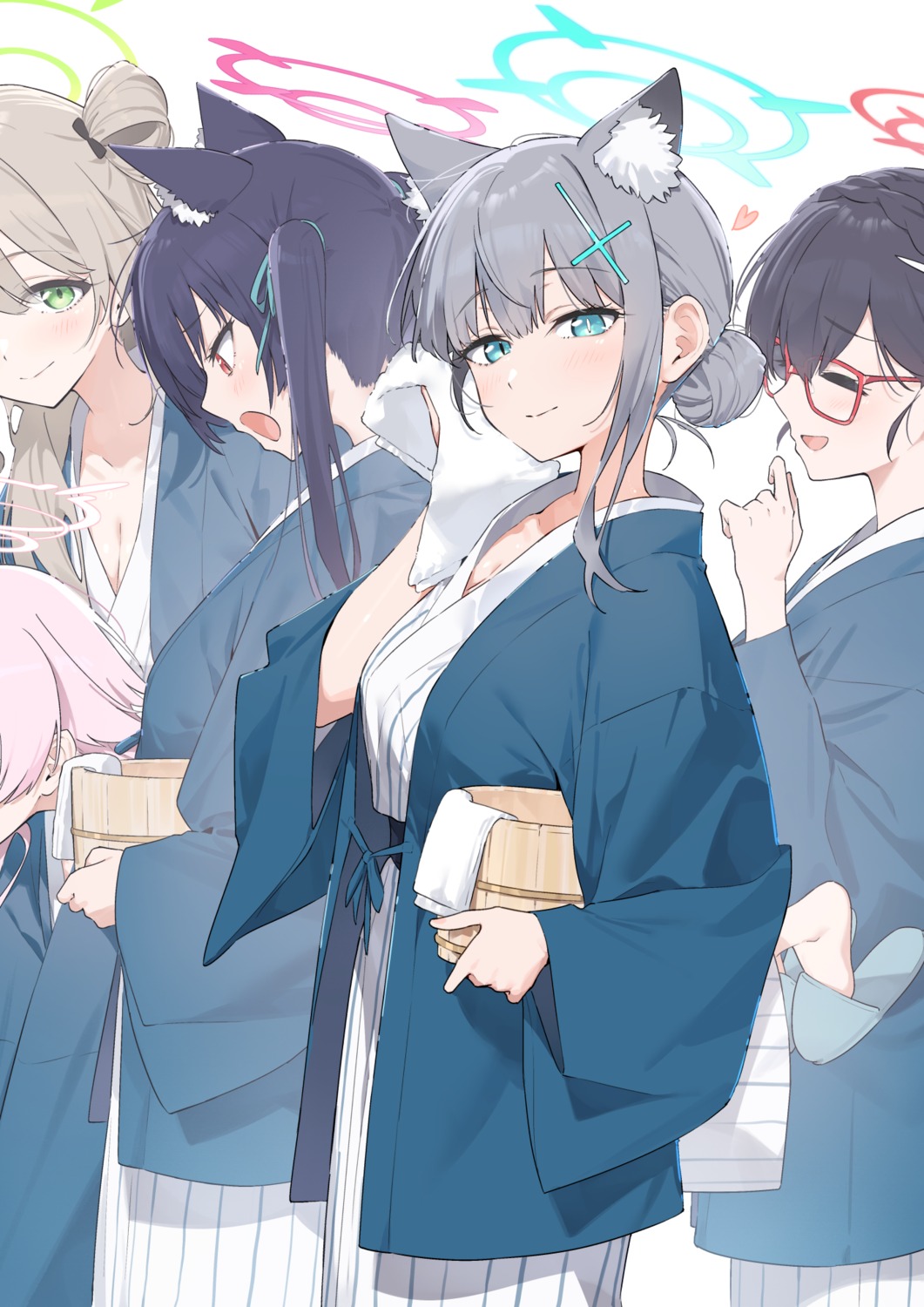 animal_ears blue_archive cleavage halo hayashi_kewi izayoi_nonomi kuromi_serika megane nekomimi okusora_ayane sunaookami_shiroko takanashi_hoshino yukata