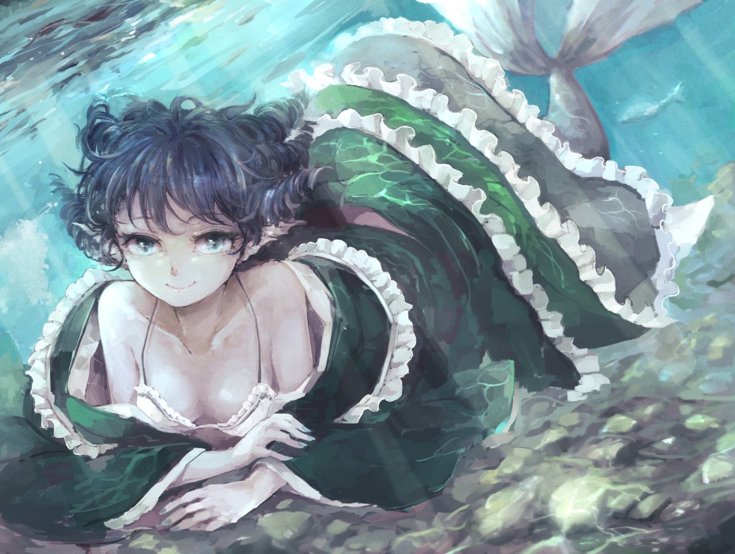 bikini_top cleavage dress mermaid monster_girl open_shirt swimsuits tail touhou wakasagihime wataichi_meko