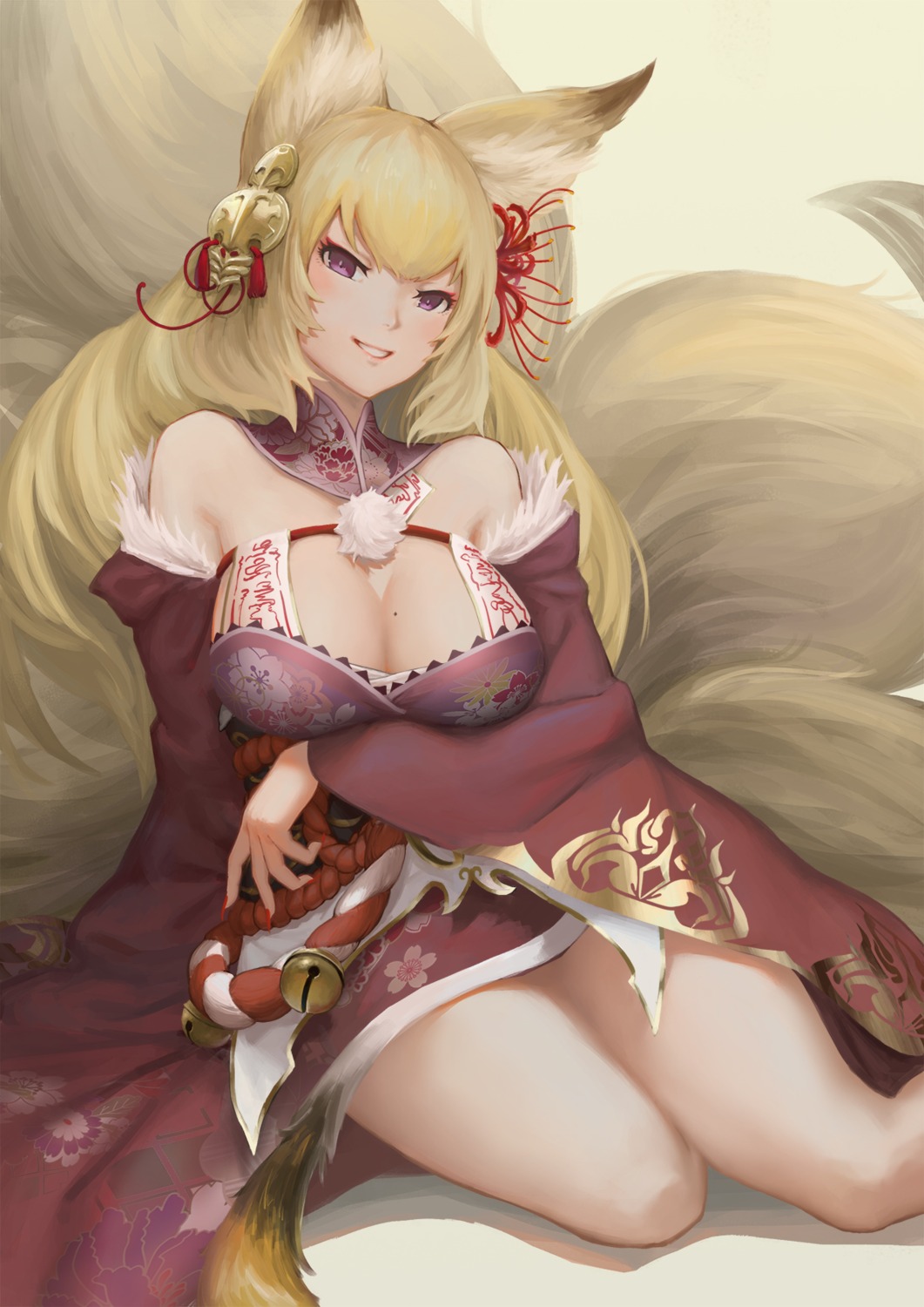 animal_ears breast_hold cleavage hcho japanese_clothes kitsune sennen_sensou_aigis tail