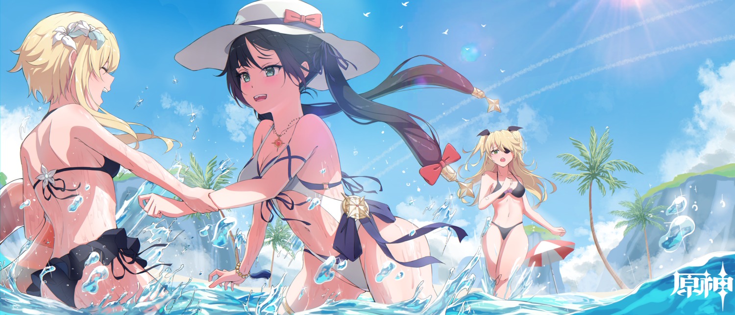 bikini eyepatch fischl garter genshin_impact keya lumine mona_megistus swimsuits thong wet yuri