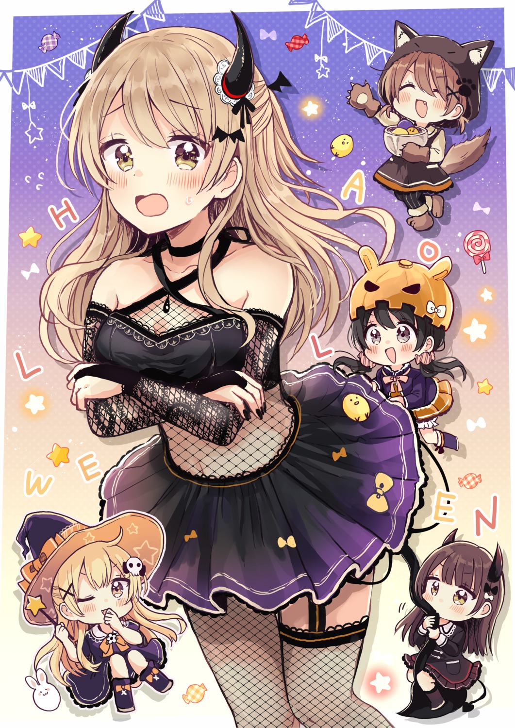 breast_hold chibi dress fishnets higuchi_kaede_(swing!) horns miyasato_haruka okamoto_natsuhi sakura_oriko seifuku skirt_lift stockings swing!! tail thighhighs witch yokomine_ibuki