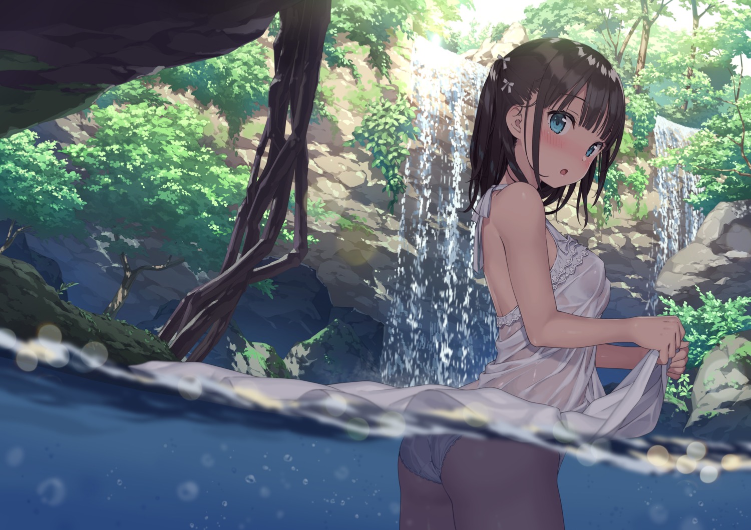 ass dress kantoku no_bra pantsu see_through skirt_lift sora_(kantoku) summer_dress wet wet_clothes