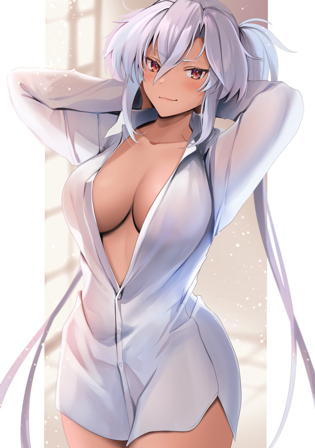 dress_shirt kantai_collection musashi_(kancolle) no_bra open_shirt see_through yunamaro