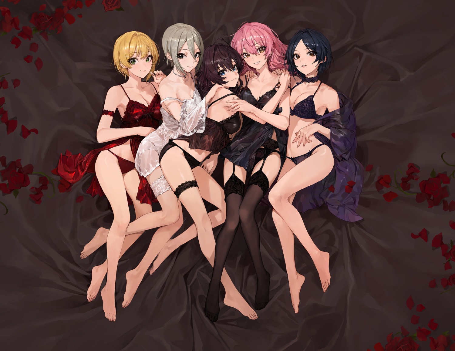 artist_revision bra cleavage garter hayami_kanade ichinose_shiki jougasaki_mika lingerie miyamoto_frederica mossi open_shirt pantsu see_through shiomi_shuuko stockings the_idolm@ster the_idolm@ster_cinderella_girls thighhighs