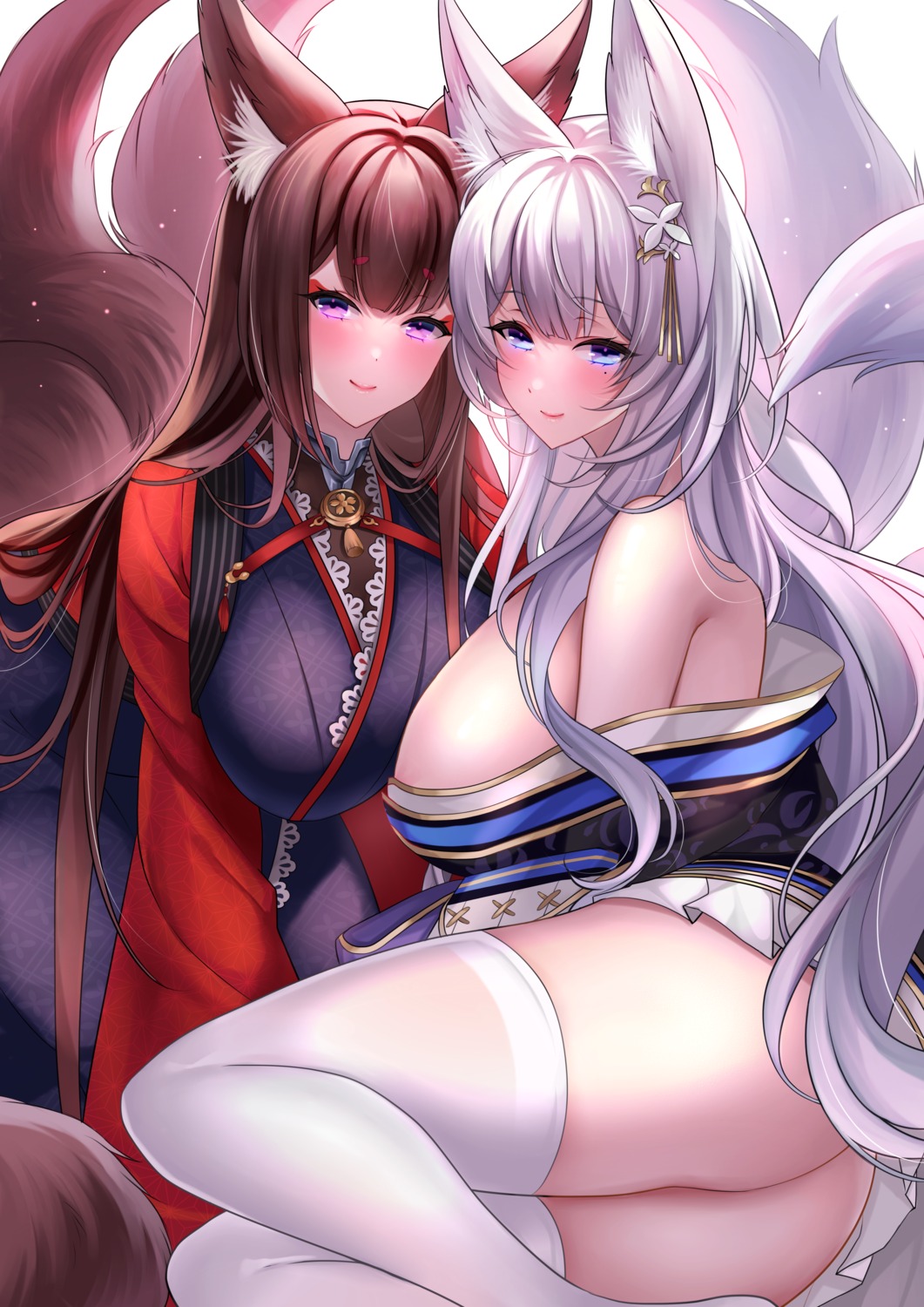 amagi_(azur_lane) animal_ears azur_lane japanese_clothes kitsune no_bra nopan open_shirt shinano_(azur_lane) skirt_lift tail thighhighs yukinimaru