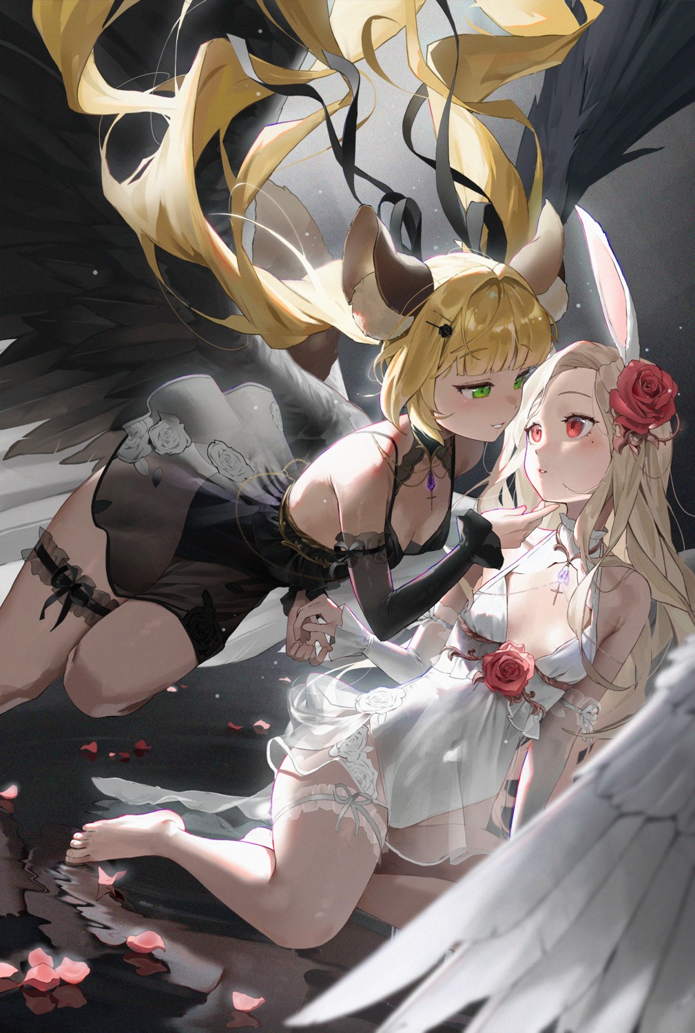 animal_ears bodiedwile bunny_ears garter leotard ryu_aram see_through wings yuri