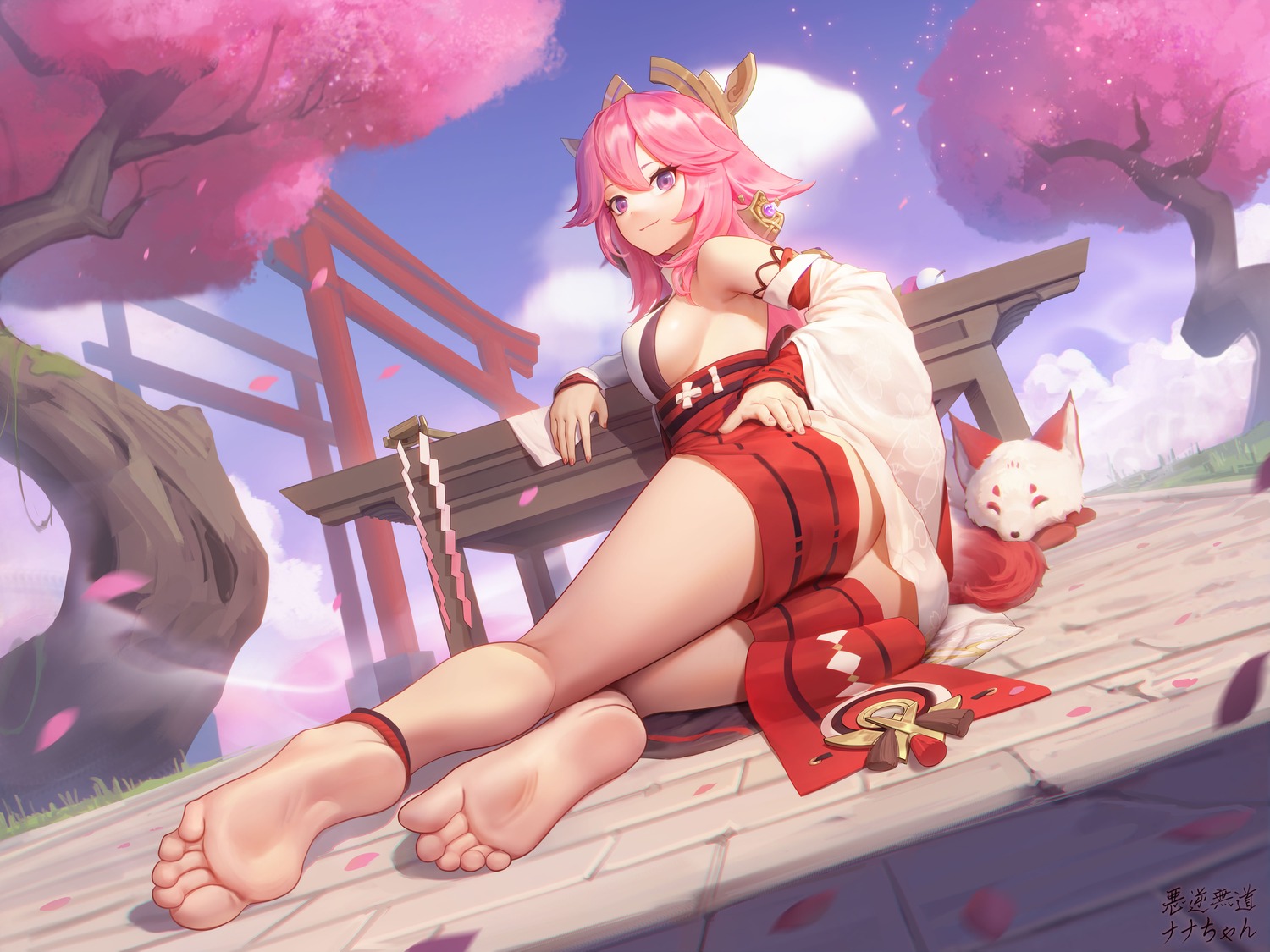 animal_ears ass feet genshin_impact japanese_clothes kitsune no_bra nopan sarena yae_miko