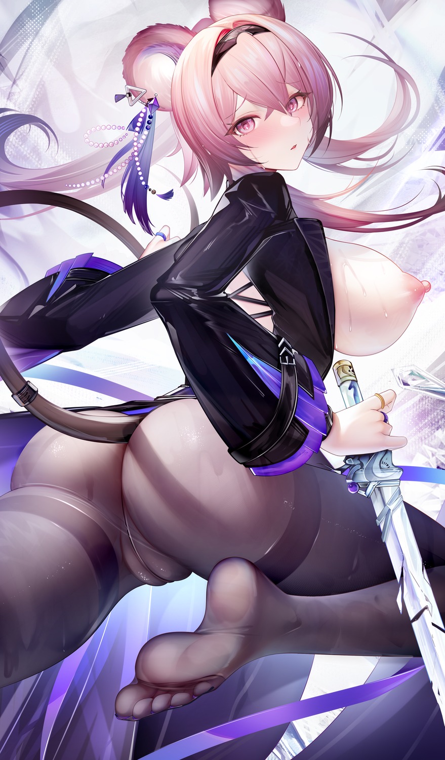 animal_ears arknights ass feet lin_yuhsia_(arknights) nipples no_bra pantyhose pussy sword tail uncensored zhixue